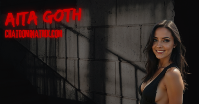 Promotional banner featuring Aita Goth in lingerie with dark dungeon background, home of the official BDSM test on ChatDominatrix.com