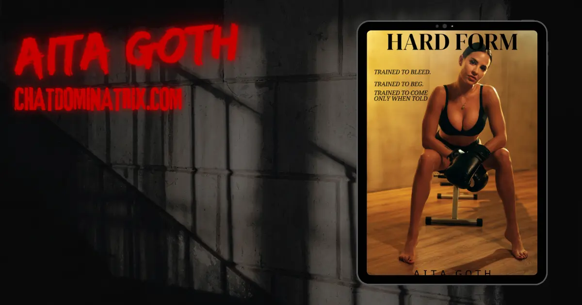 Promotional banner for Aita Goth’s BDSM novel Hard Form, featuring the book cover on a digital tablet against a dark concrete wall with neon red site branding. Lesbian BDSM Stories by Aita Goth.
