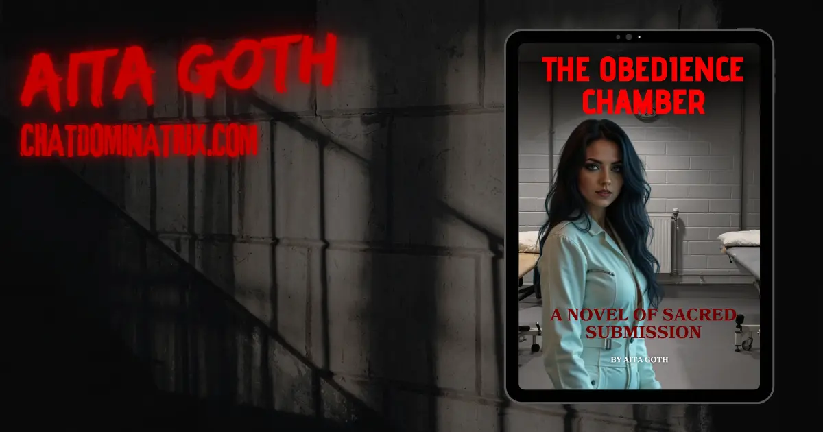 Promotional banner for Aita Goth’s The Obedience Chamber, featuring red neon text "AITA GOTH – chatdominatrix.com" beside the book cover of a dominant dark-haired woman in a clinical room.