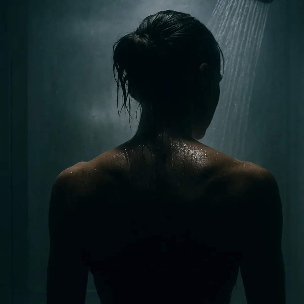 Silhouette of a woman under a shower, backlit and wet. A tension-soaked moment from Hard Form, a dominant-submissive lesbian novel by Aita Goth.