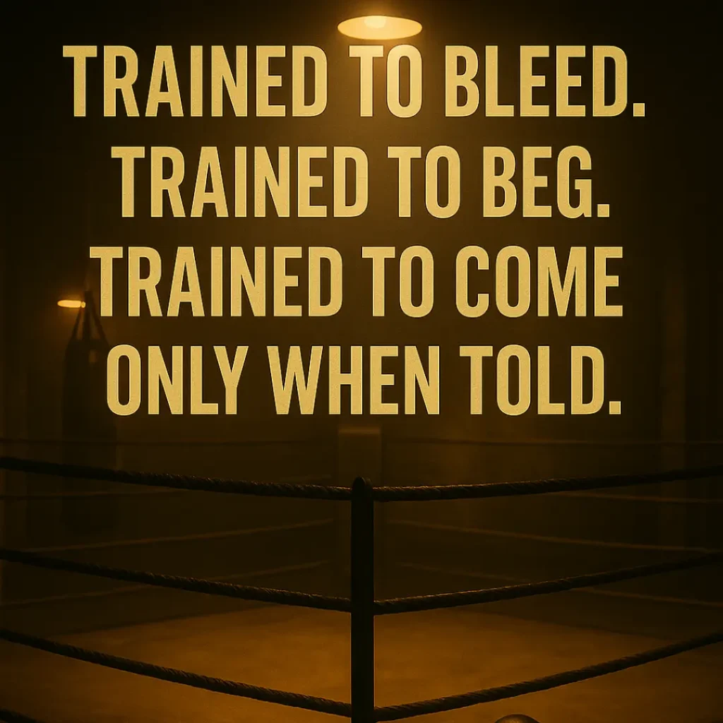 Quote image showing boxing ring under spotlight with the text: “Trained to bleed. Trained to beg. Trained to come only when told.” From Hard Form, a BDSM novel.