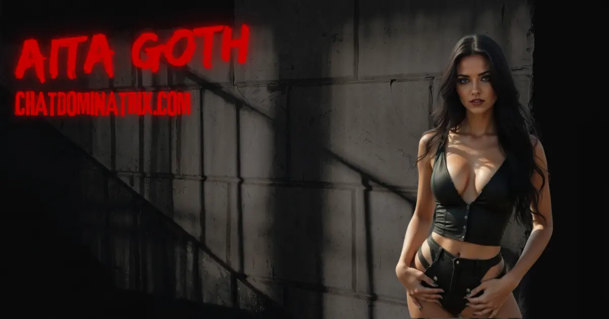 Aita Goth in black leather outfit standing in industrial dungeon space – promotional banner for ChatDominatrix.com and lesbian BDSM stories by Aita
