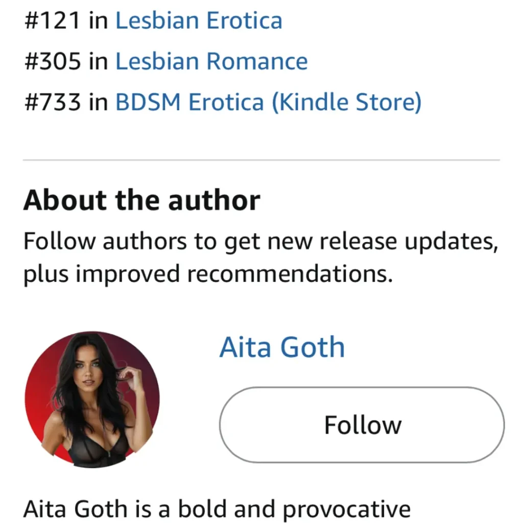 Author Aita Goth’s Amazon listing for her novella “Roommates,” showing Kindle category rankings: #121 in Lesbian Erotica, #305 in Lesbian Romance, #733 in BDSM Erotica. Author profile includes dark-haired woman in black, with bio about erotic literary fiction.