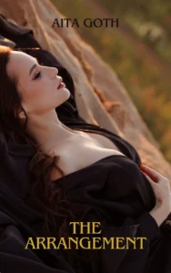 Erotic book cover for The Arrangement by Aita Goth, a woman in a black robe reclines against a sunlit surface, eyes closed in serene surrender. Sensual, dominant, and elegant, suggesting themes of lesbian BDSM, power exchange, and emotional submission.