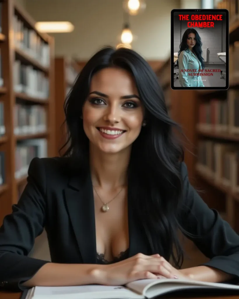 Aita Goth smiles in a dark blazer inside a library, seated at a table with an open book. In the top right corner, a digital cover of The Obedience Chamber: A Novel of Sacred Submission is displayed.