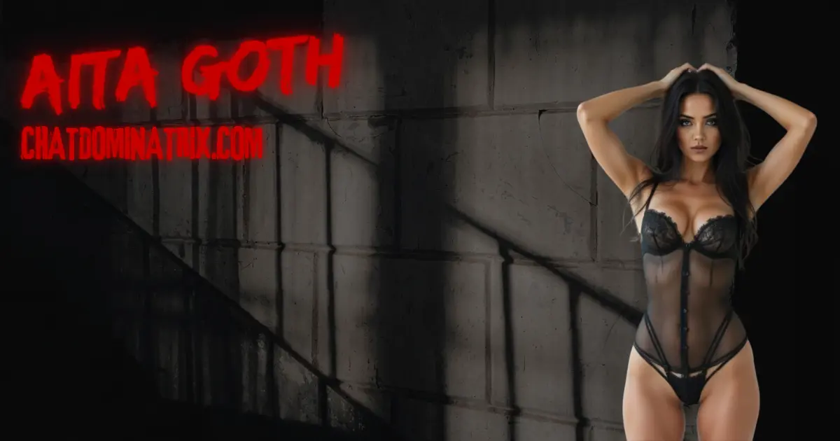 Dark gothic promotional banner for Aita Goth—author of The Obedience Chamber and Aita’s Diary, standing in black lingerie beside red neon ChatDominatrix.com branding, representing lesbian BDSM stories